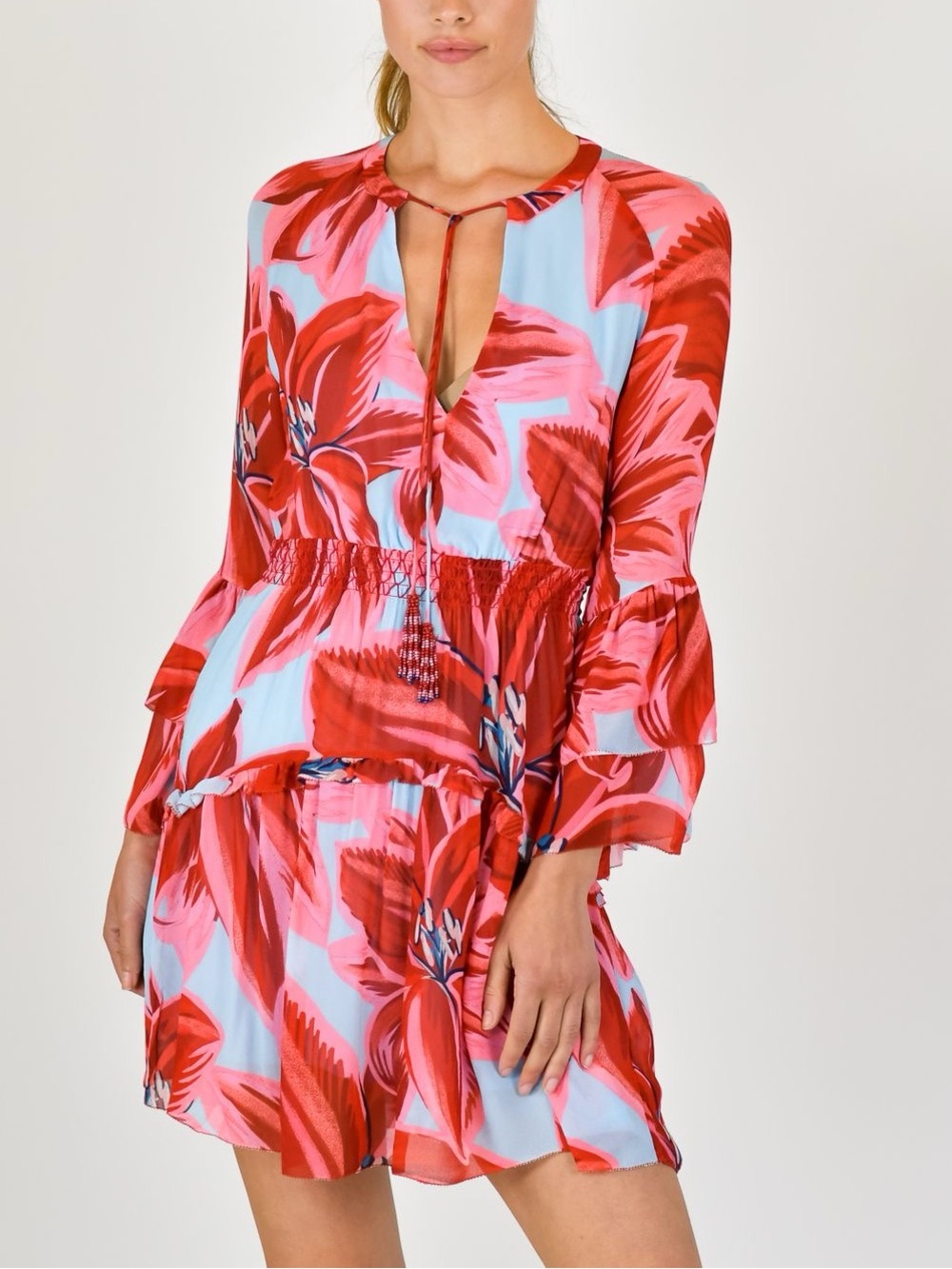 FARM RIO Azalea Mini Dress Blue Red Floral Long Sleeve Smocked NWT XS